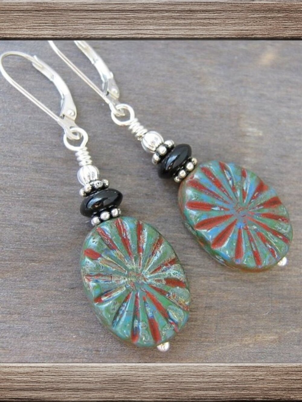 Southwest Western Earrings Black Onyx Sterling Silver Sunburst Leverback Dangle